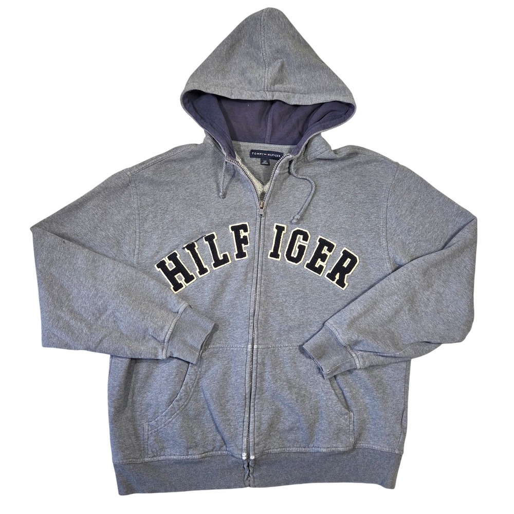 Tommy Hilfiger Mens Full Zip Hoodie Gray Varsity Logo Sweatshirt Size S Y2k Punk